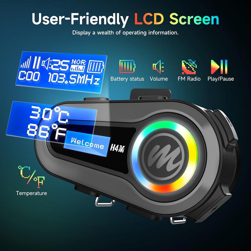 MOMAN Motorcycle Helmet Headset, H4M with 【LCD Screen & 6 EQ Sound】 Motorbike Helmet Speaker Single Person Use BT5.3 Headphone with HiFi Stereo FM Radio AI Voice Assitant IPX6 Waterproof - Image 2